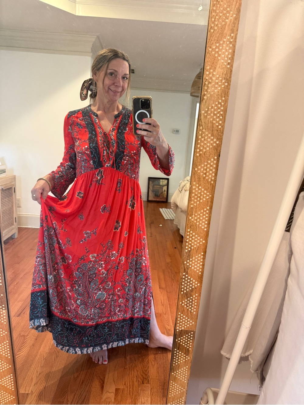 Free People Red Floral Maxi Dress with Black Trim